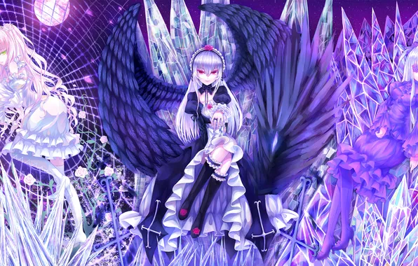 Look, girl, smile, wings, rozen maiden, suigintou, art, Barasuishou