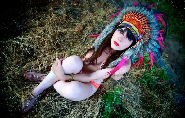 Erotic, look, girl, face, feathers, sitting, headdress