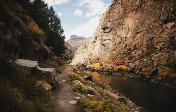 The sky, clouds, mountains, river, the way, stones, rocks, solar