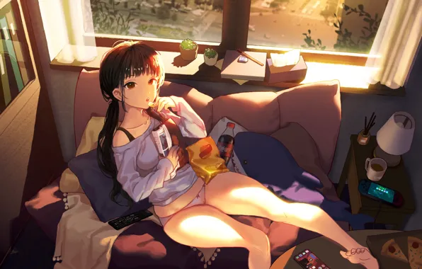 Picture girl, table, mess, in the room, window, chips, sitting in the chair