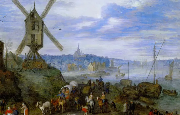 Landscape, picture, Jan Brueghel the elder, River Pier with Mill