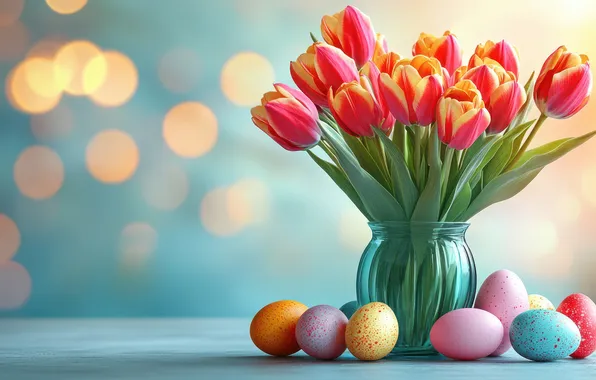 Flowers, lights, table, holiday, eggs, bouquet, spring, Easter