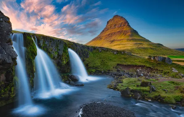 Mountains, nature, waterfall, Iceland, Kirkjufell