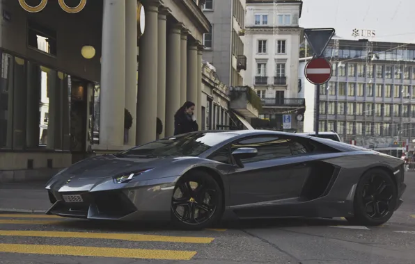 Picture girl, grey, street, Lamborghini, supercar, girl, supercar, street