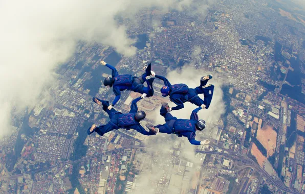Clouds, the city, parachute, container, helmet, skydivers, extreme sports, parachuting