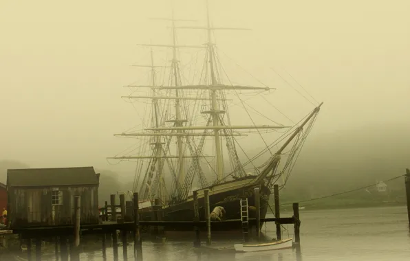 Fog, Pier, Sailboat