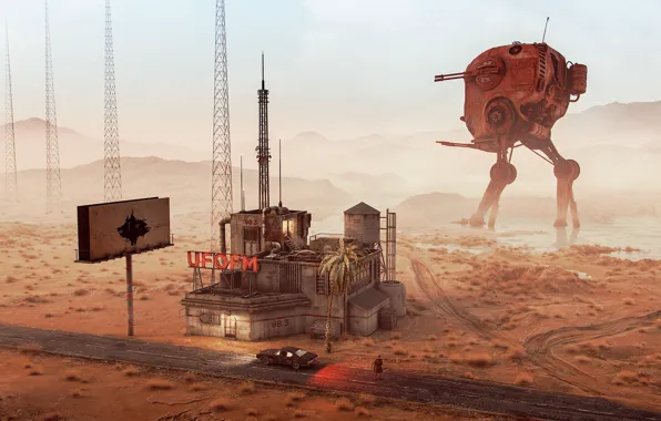 Road, mountains, desert, construction, UFO Radio