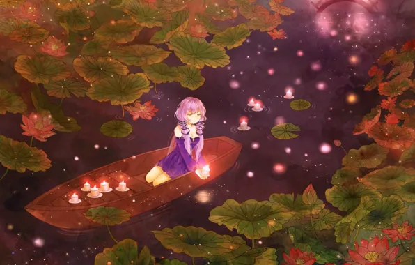 Night, pond, lights, fireflies, boat, candles, vocaloid, Lotus