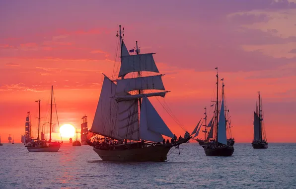 Sunset, ship, sailboat, Germany, Rostock, parade, regatta, Warnemunde