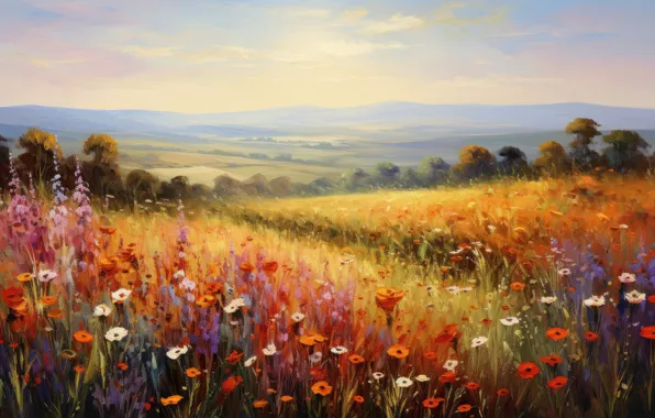 Field, summer, clouds, trees, landscape, flowers, nature, hills