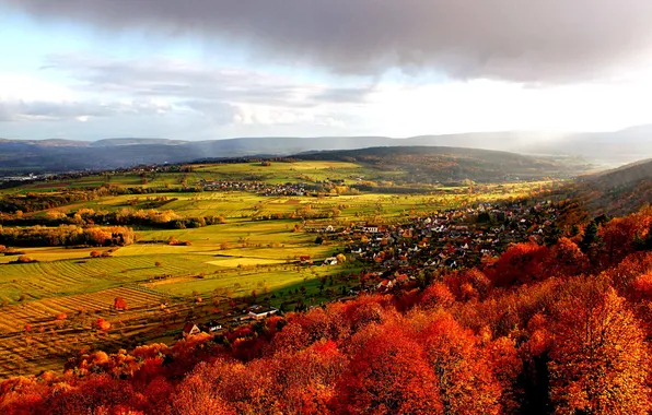Autumn, the sky, clouds, trees, the city, hills, home, valley