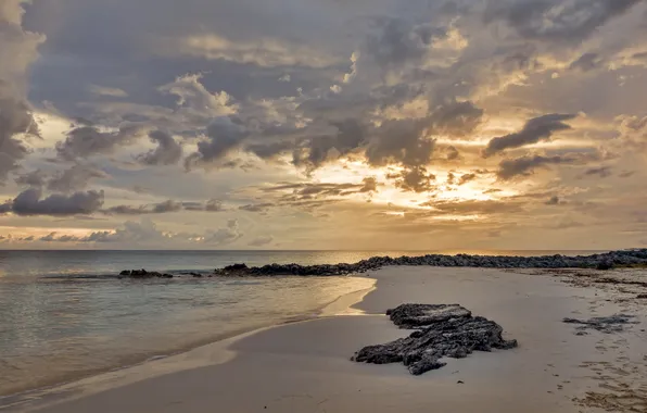 Sand, sea, clouds, sunset, nature, stones, shore, the evening