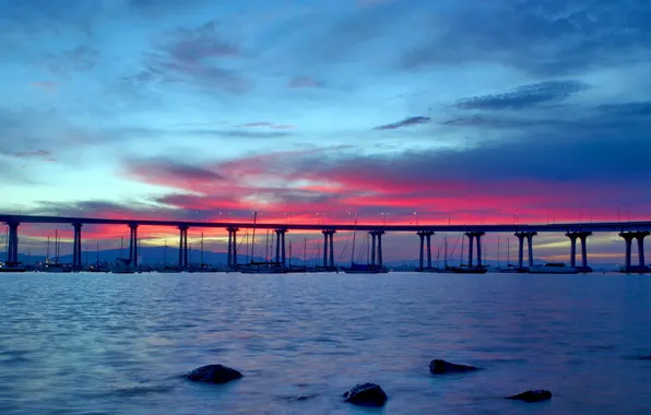 Sea, landscape, sunset, bridge
