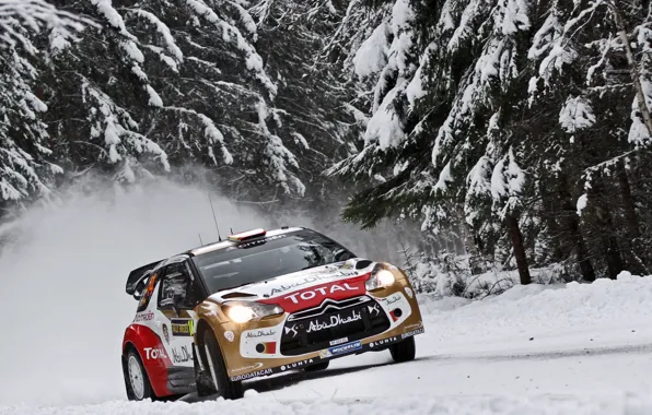 Winter, Snow, Forest, Tree, Citroen, Lights, DS3, WRC