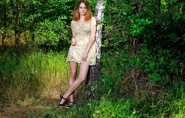 Forest, grass, girl, tree, dress, red, redhead, sandals