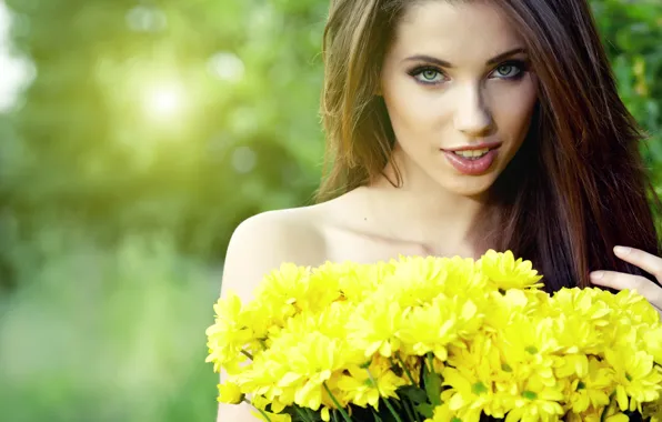 Picture look, girl, flowers, face, hair, bouquet, brown hair, beautiful