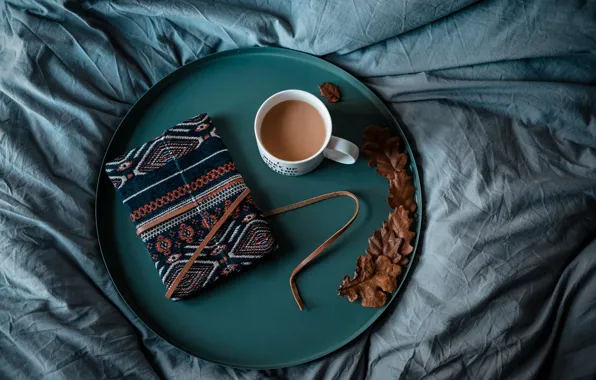 Bed, coffee, book, notebook, diary, tray, book, bed