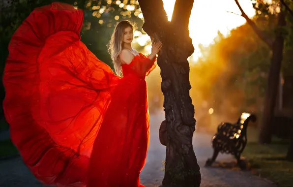 Girl, trees, pose, Park, red dress, Larisa Korsikova