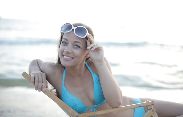 Sea, swimsuit, smile, stay, glasses, gesture, cute girl, girl posing