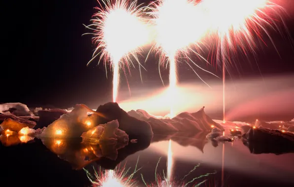 Night, lights, lake, new year, fireworks, Iceland, Jokulsarlon