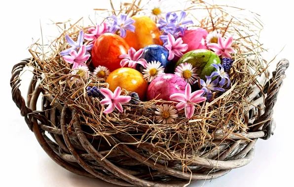 Flowers, holiday, spring, Easter, basket, straws, the painted eggs, Easter picture