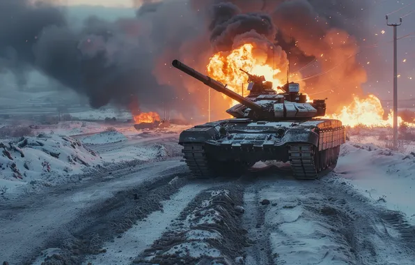 Winter, Snow, Fire, Tank, Digital art, AI art, The Art of Artificial Intelligence, Neural network