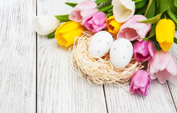 Flowers, eggs, colorful, Easter, tulips, wood, pink, flowers