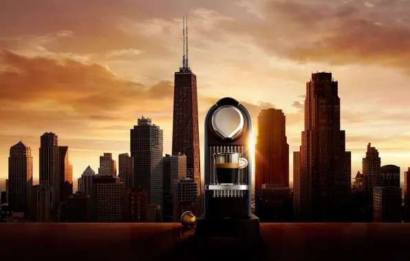 The city, coffee, morning, Cup, USA, Chicago, coffee machine, good morning Chicago