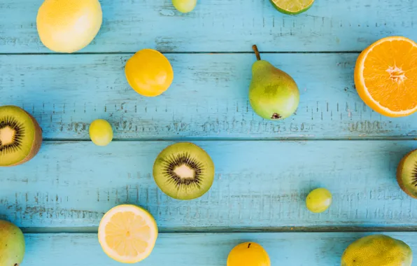 Lemon, orange, kiwi, fruit, wood, blue background, grape, fruits