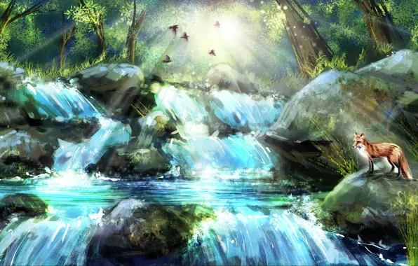 Picture rays, trees, nature, stones, bird, waterfall, art, Fox