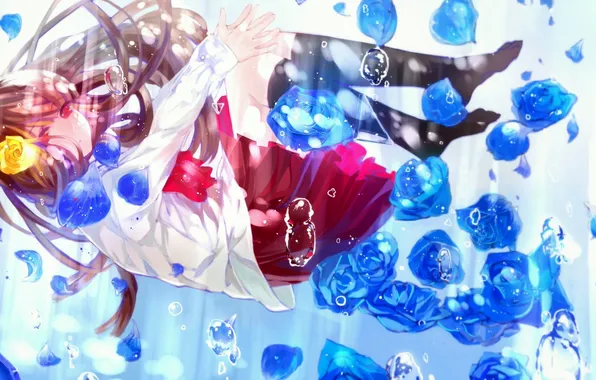 Girl, light, flowers, bubbles, roses, anime, art, schoolgirl