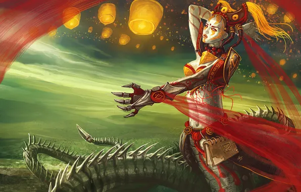 Picture girl, armor, tail, book, monster, league of legends, cassiopeia
