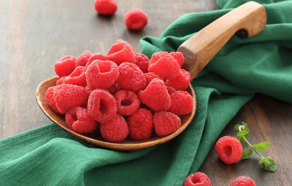 Berries, raspberry, table, spoon, red, wooden