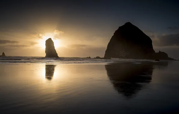 Beach, the ocean, rocks, dawn, Oregon, Cannon Beach