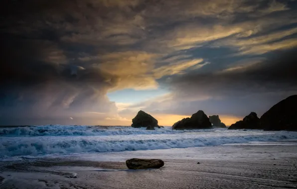 Sea, wave, the sky, clouds, stones, rocks, coast, horizon
