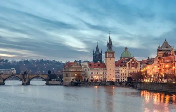 Picture the city, river, building, home, Prague, Czech Republic, tower, twilight