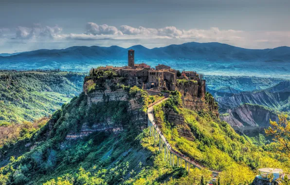 Mountains, bridge, nature, Italy, Civita di Bagnoregio
