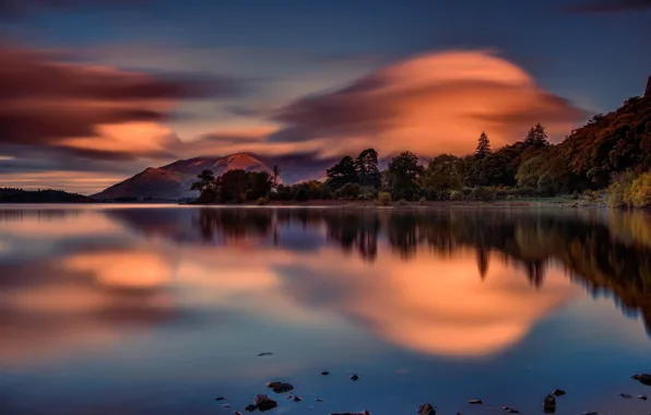 Picture mountains, lake, reflection, dawn, England, morning, England, The lake district