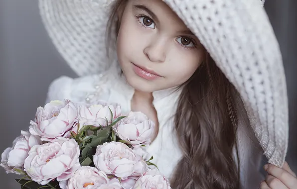 Flowers, portrait, bouquet, hat, girl, peonies