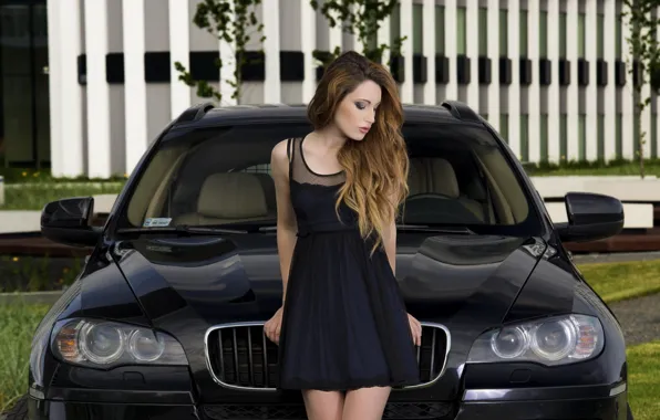 Girl, BMW, beautiful girl, black car, posing on the car