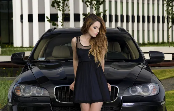 Girls, BMW, beautiful girl, black car, posing on the car