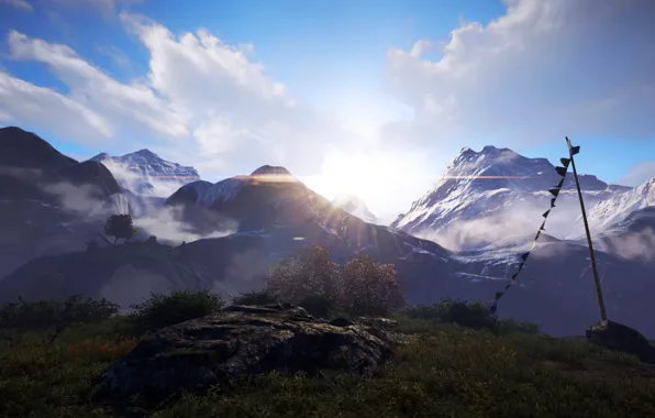 The sky, Nature, Mountains, Fog, The game, Snow, Dawn, Art