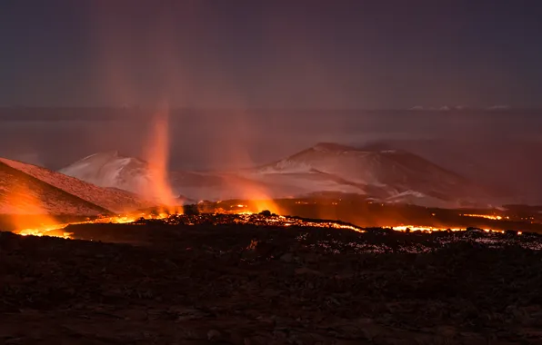 Picture dark, sky, steam, night, lava, horizon, volcano, magma