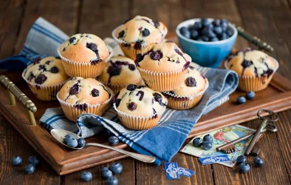 Berries, blueberries, spoon, still life, keys, dessert, cakes, card