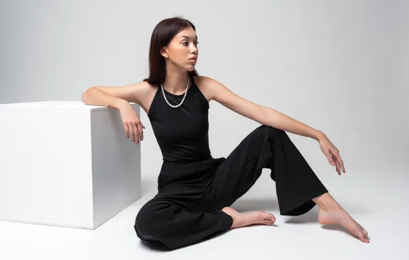 Girl, pose, style, background, necklace, hands, cube, pants