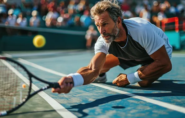 The ball, Sport, Court, Male, Blow, Tennis, The audience, Racket