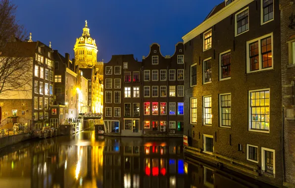 Night, city, the city, lights, lights, river, Amsterdam, panorama