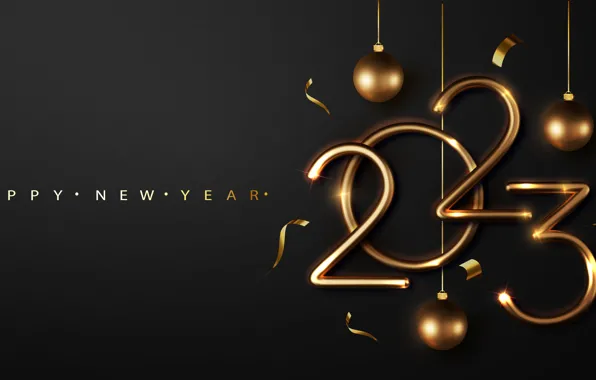 Balls, the dark background, gold, figures, New year, gold plated, date, 2023