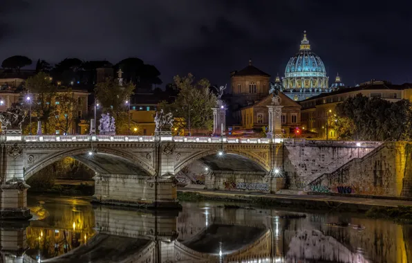 Night, bridge, lights, river, Rome, Italy, the dome, St. Peter's Cathedral