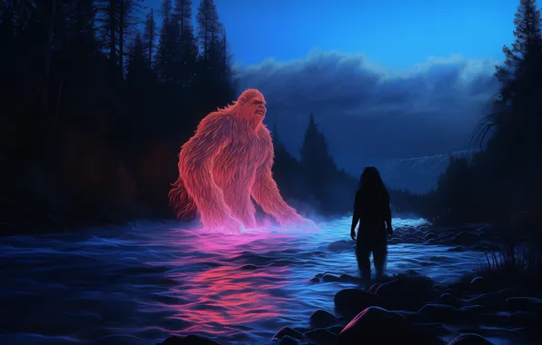 Mountains, Being, Trees, Dawn, River, Digital art, Bigfoot, Yeti